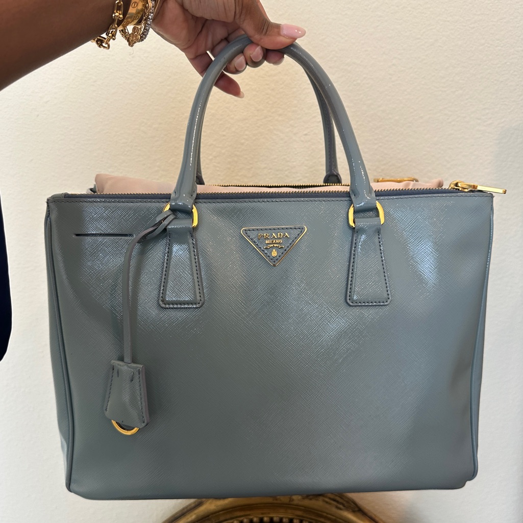 Prada Saffiano Medium Patent Leather Galleria Double Zip Tote In Color Lago